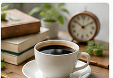 本や時計が写り込んだコーヒーの写真