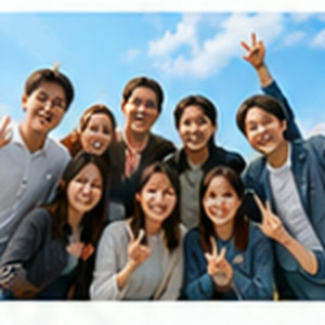 ピースをする8人の集合写真