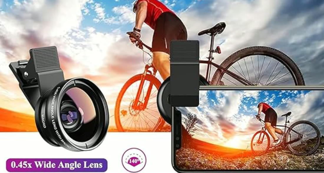 広角レンズを付けたスマホで自転車を撮影している様子