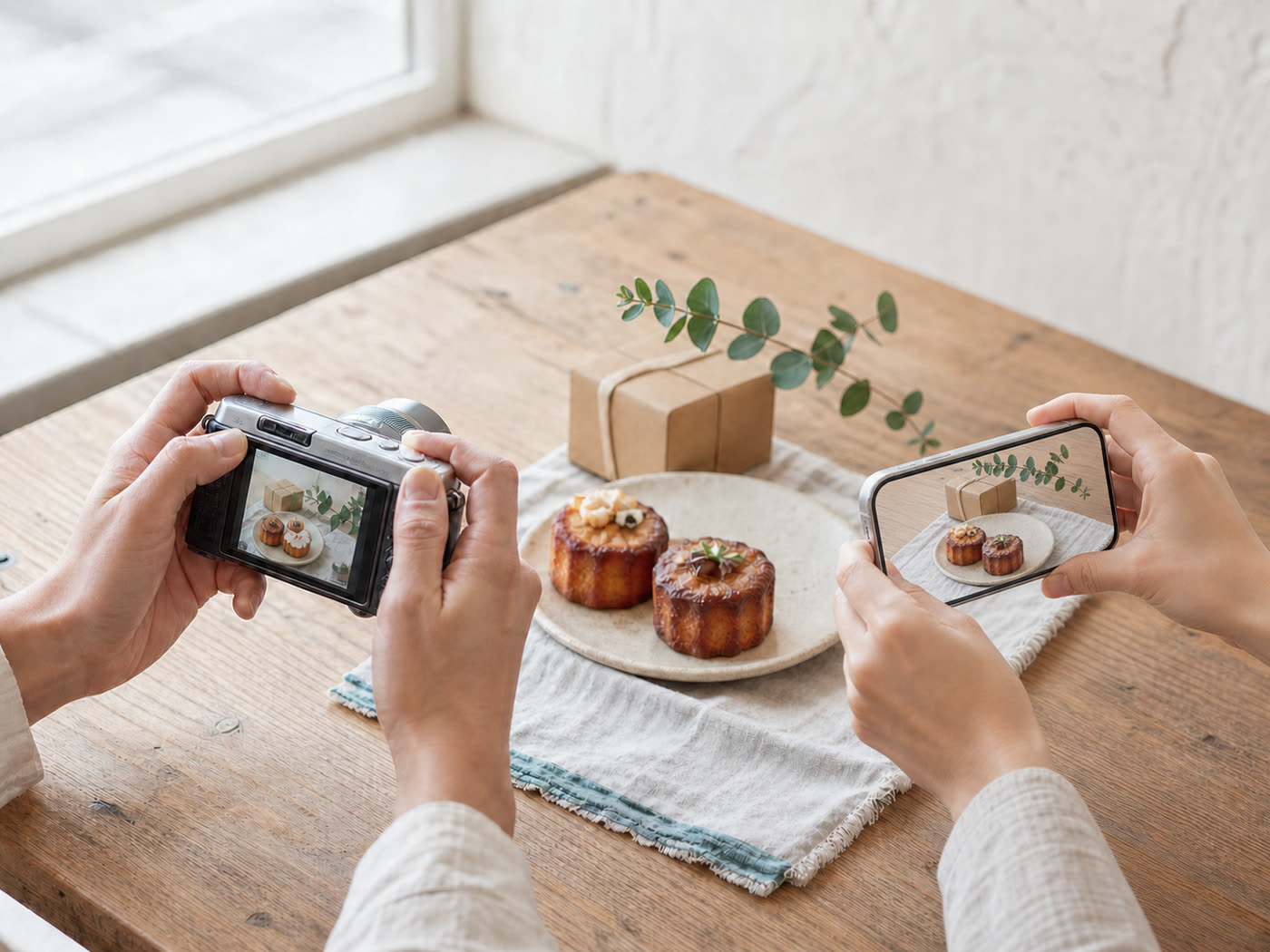 窓際のテーブルで、お菓子をスマホの画面で確認しながら撮影しているレッスンの様子