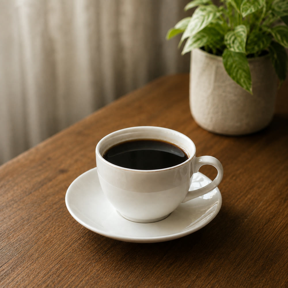 余計なものを片づけ、コーヒーと観葉植物だけになった写真