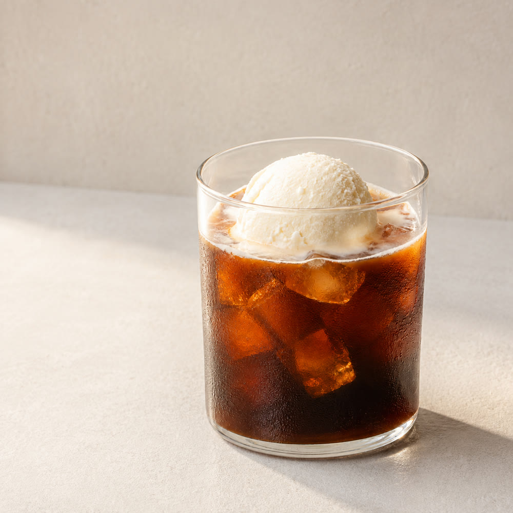 斜めから光を当てたアイスコーヒー。影が横に伸びて氷とグラスの質感が出ている