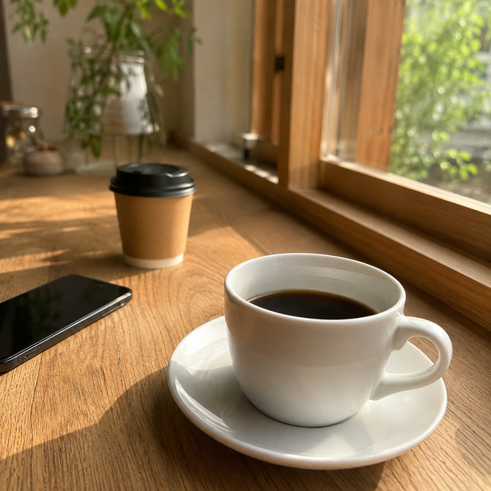 カフェの窓ぎわの席で、手前のコーヒーカップだけが写っている写真