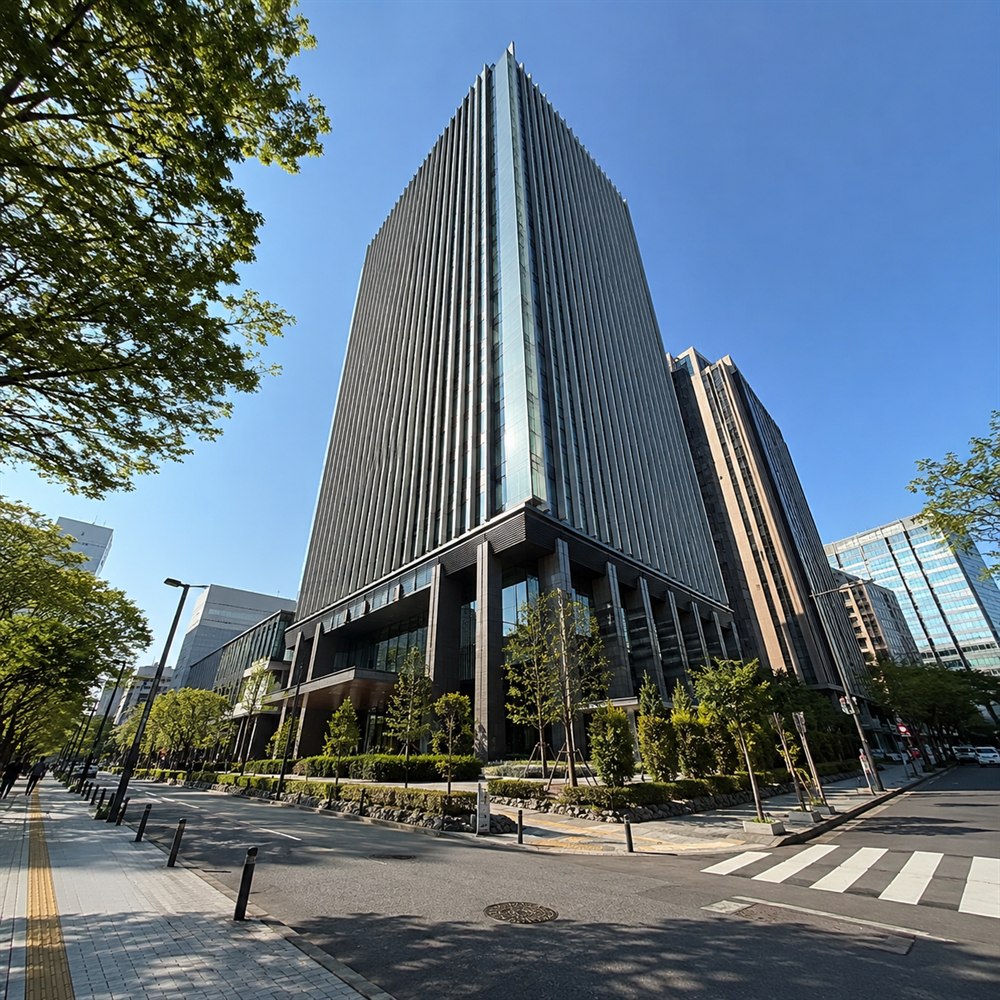 見上げる角度で、高層ビル1棟が街路樹ごと一枚に収まった写真