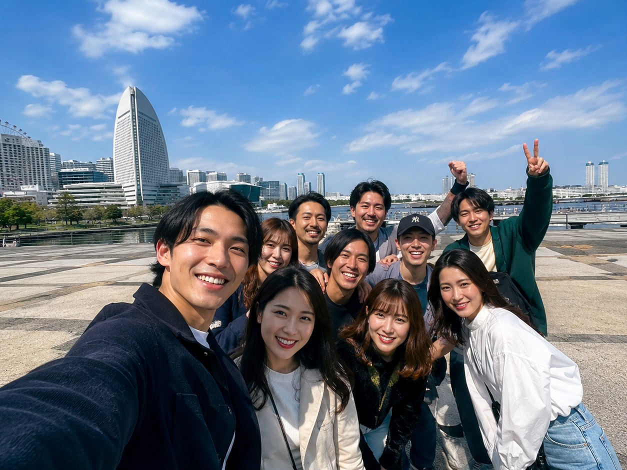 海辺の広場で腕をのばして撮った10人の集合写真。うしろの街並みまで写っている