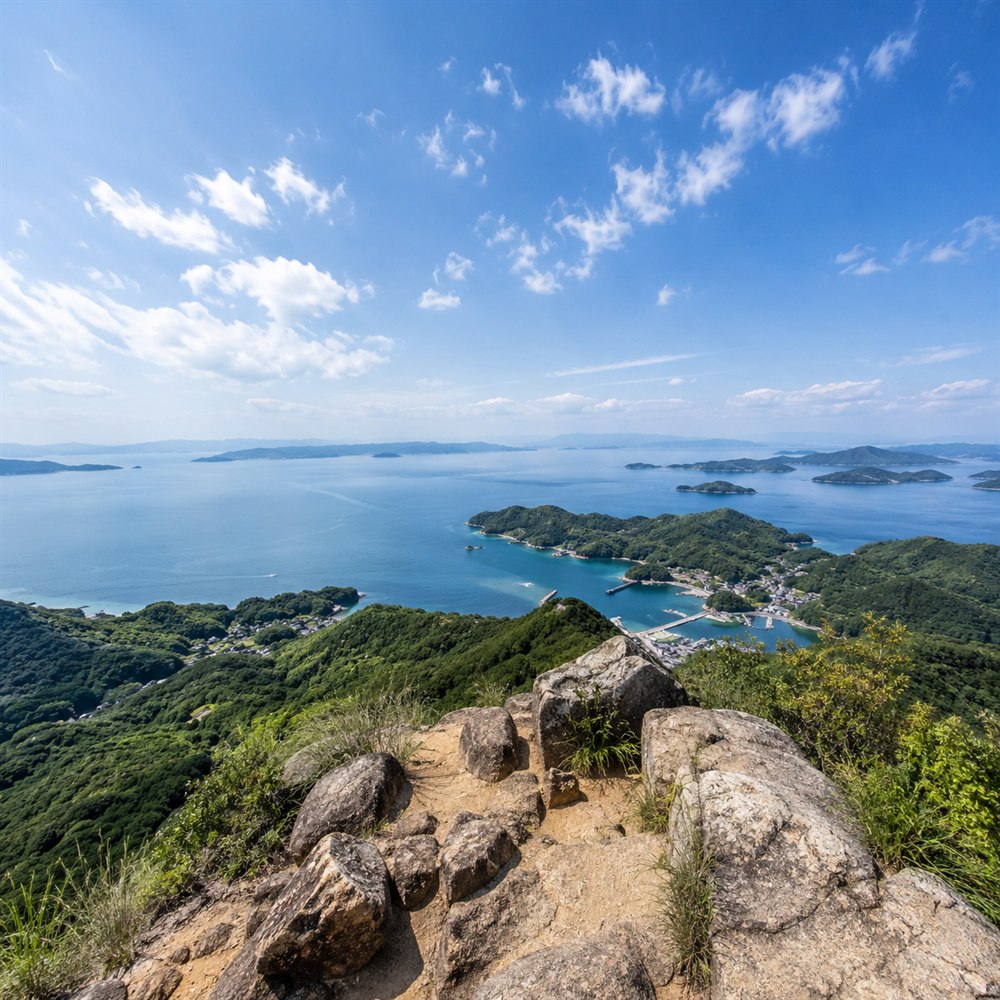山の上から見下ろした、島がいくつも浮かぶ海の風景